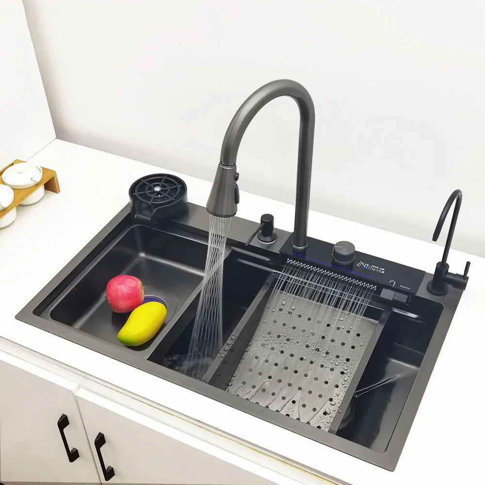 RVS Spoelbak – Keukenspoelbak – Enkele Kom – Aanrechtbak – Spoeltafel – Grote 75x46 cm – 304 Roestvrijstaal – LED Watervalkraan