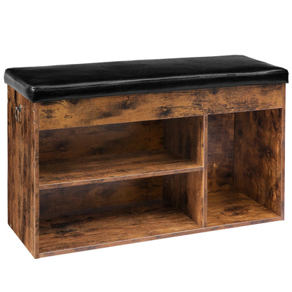 Schoenenbank - Schoenen Opbergsysteem – 3 Vakken - Opbergbox - Schoenenrek – Industrieel - Hout – Opbergruimte Onder De Zitting – Halbank - 82 x 31 x 46,5 cm - Rustic Brown - QUORE