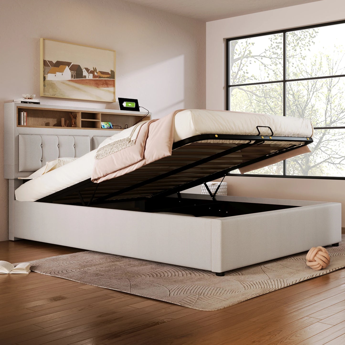 Gestoffeerd Tweepersoonsbed – Bed Met Opbergruimte – Slaapbank – Boxspring – Ledikant – 140x200 cm – Verstelbaar Hoofdbord Met USB-C Oplaadpoort