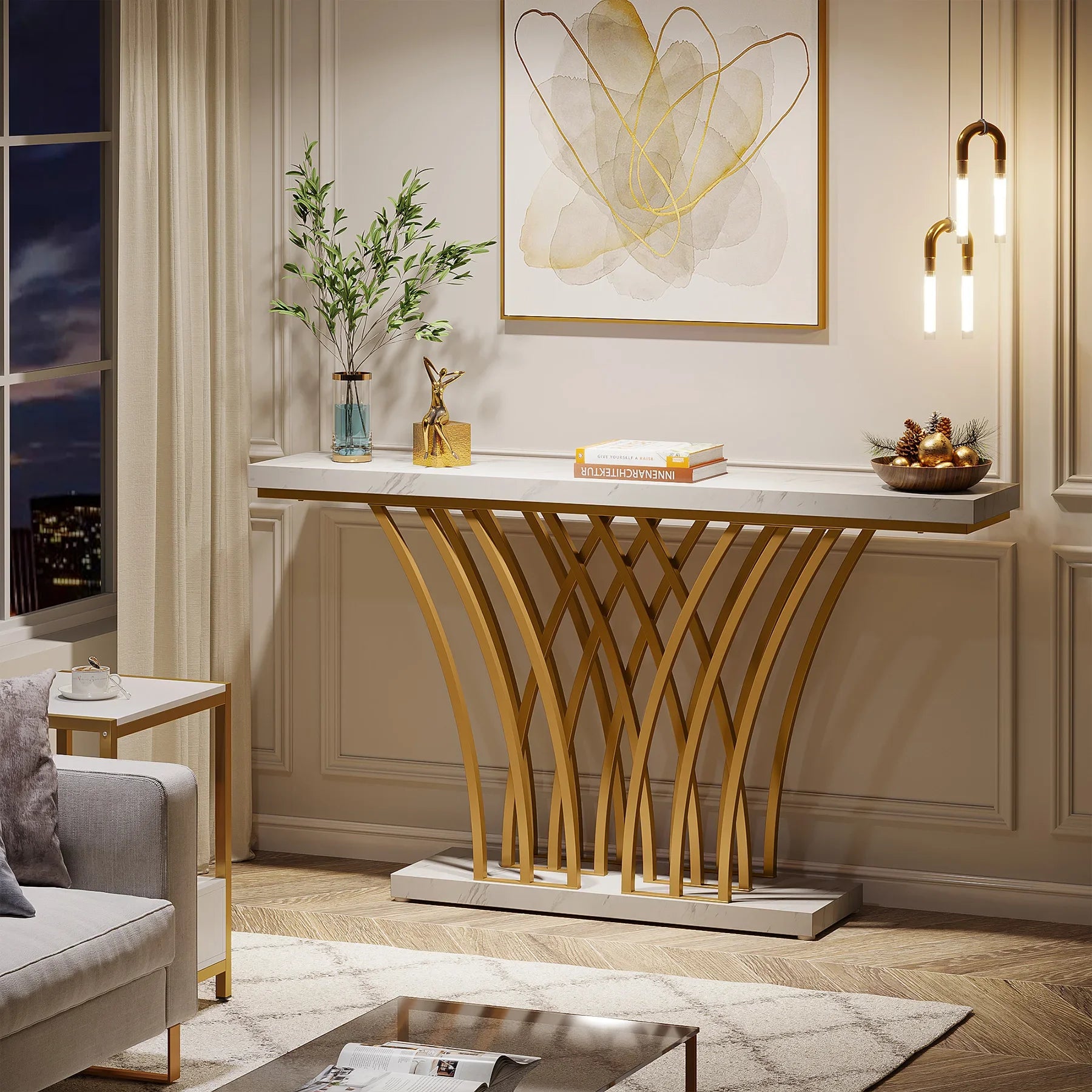 Consoletafel - Wandtafel - Haltafel - Sidetafel - Moderne Stijl - met Rastervormige Metalen Voet - Stevig Metalen Frame - voor Entree - Hal - Woonkamer - Staal - 30 x 150 x 80 cm - Wit & Goud - QUORE