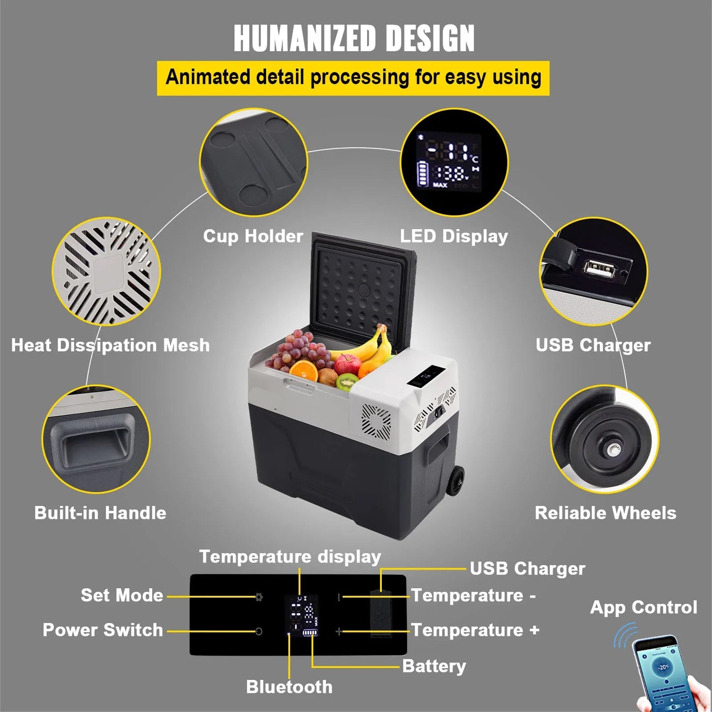 Mini koelkast - Auto Koelkast - Mini Fridge - Frigo - Draagbare Compressor Koelbox - Elektrische Vriesbox - 12/24V DC - 220V AC - 45W - 30L - 63.1 x 37.8 x 37.5 cm - Donkergrijs