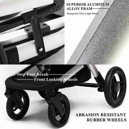3 in 1 Baby Stroller with Leather Handle High Landscape Foldable Lightweight Pushchair Reclining Seat for Newborn to Toddler