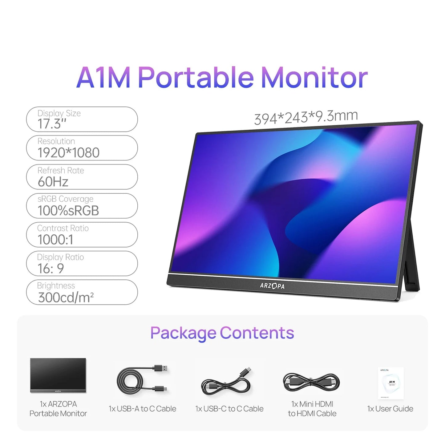 Draagbare Monitor – Portable Scherm – Extern Display – Laptop Monitor – 17,3 Inch Full HD – Aluminium Behuizing – IPS Scherm – Ingebouwde Speakers