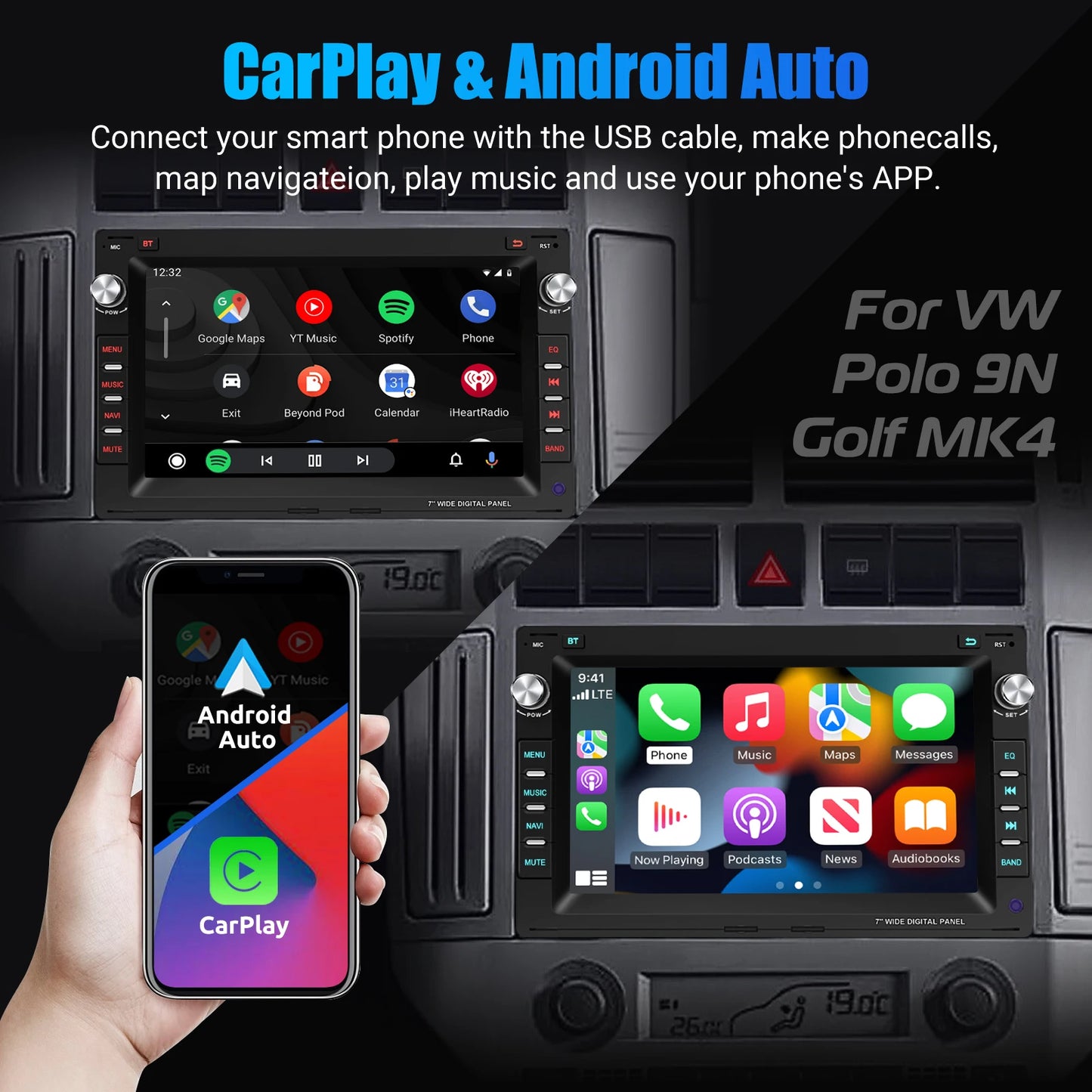 Multimedia Speler – Car Radio – Autoradio – Touchscreen Radio – Android Auto Speler – 7 Inch Full Touchscreen – Android 15 Met 4GB RAM & 64GB Opslag – Draadloze Apple CarPlay & GPS Navigatie
