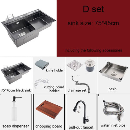 High and low kitchen sink With knife holder Cutting board rack stainless steel pia Matte black sink vegetable washing basin