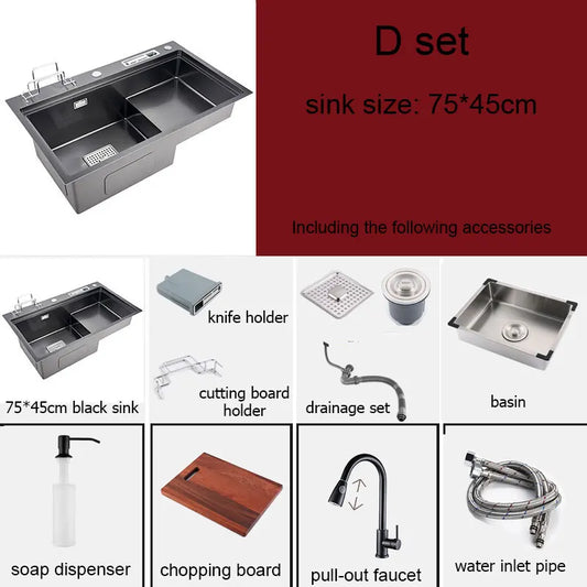 High and low kitchen sink With knife holder Cutting board rack stainless steel pia Matte black sink vegetable washing basin