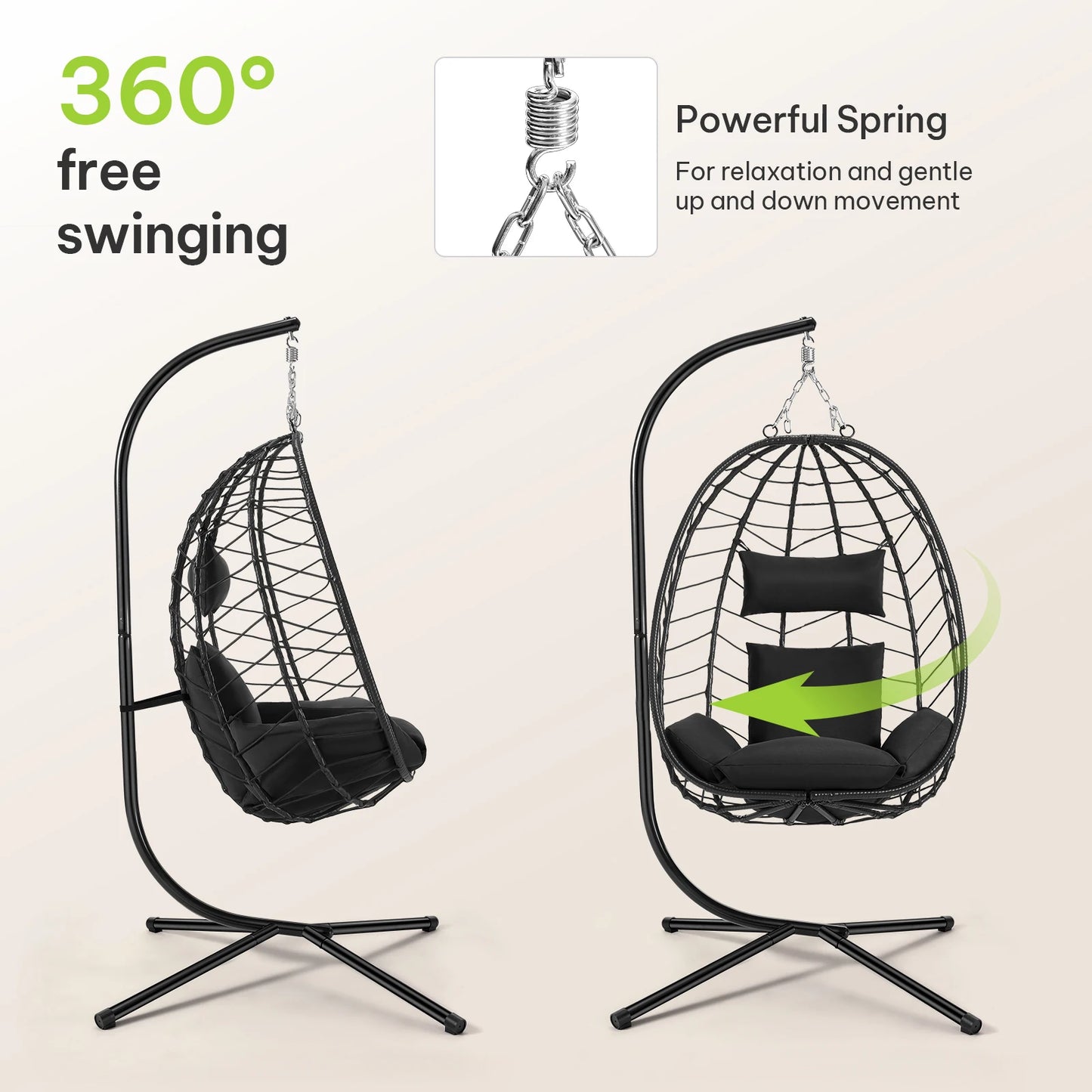 Schommelstoel - Hangende Ei-stoelen - Hangmat -Headrest - met Metalen Standaard - Zitkussen - Draagvermogen 150 kg - voor Tuin - Balkon - Terrasdecoratie - 102 x 100 x 196 cm - Antraciet - QUORE