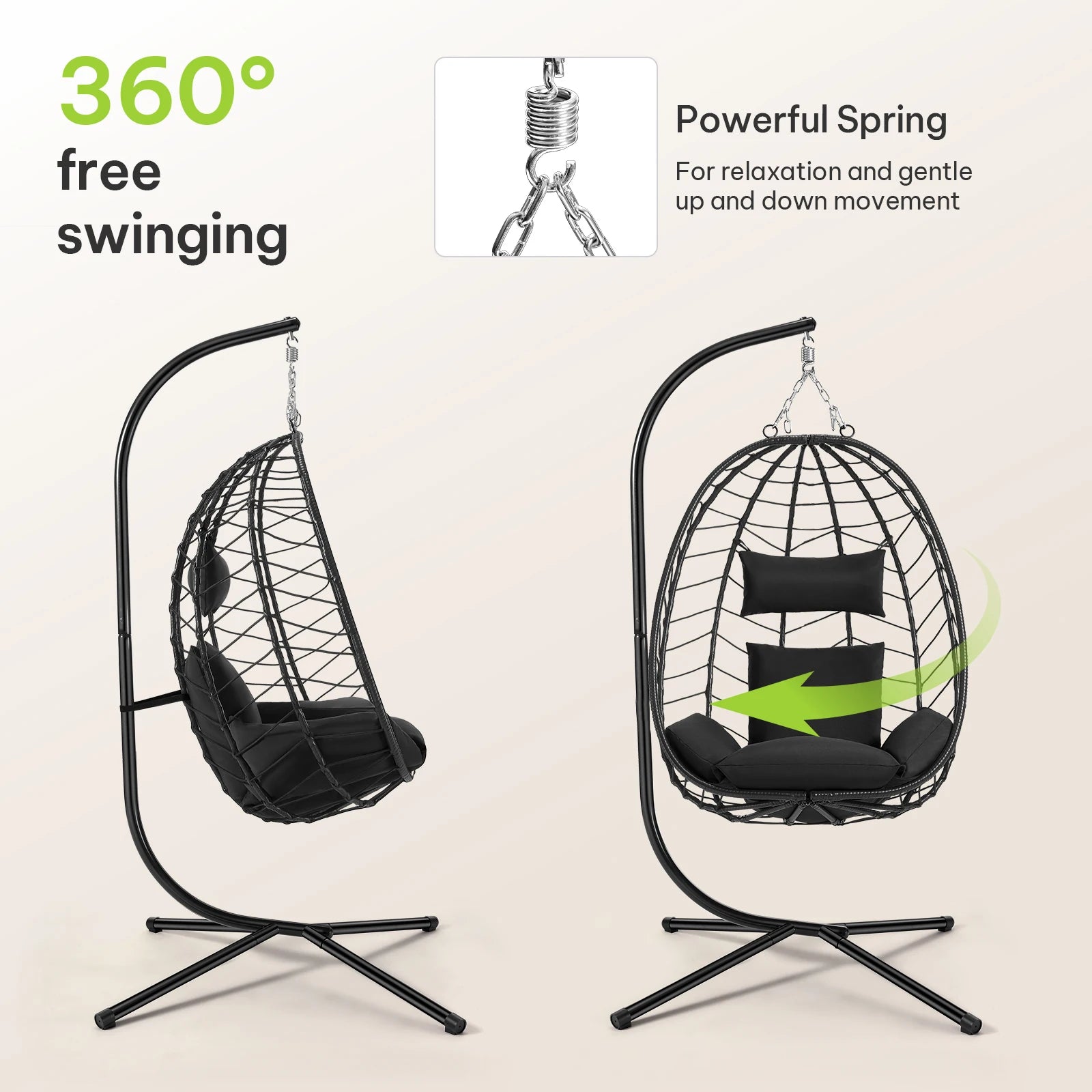 Schommelstoel - Hangende Ei-stoelen - Hangmat -Headrest - met Metalen Standaard - Zitkussen - Draagvermogen 150 kg - voor Tuin - Balkon - Terrasdecoratie - 102 x 100 x 196 cm - Antraciet - QUORE