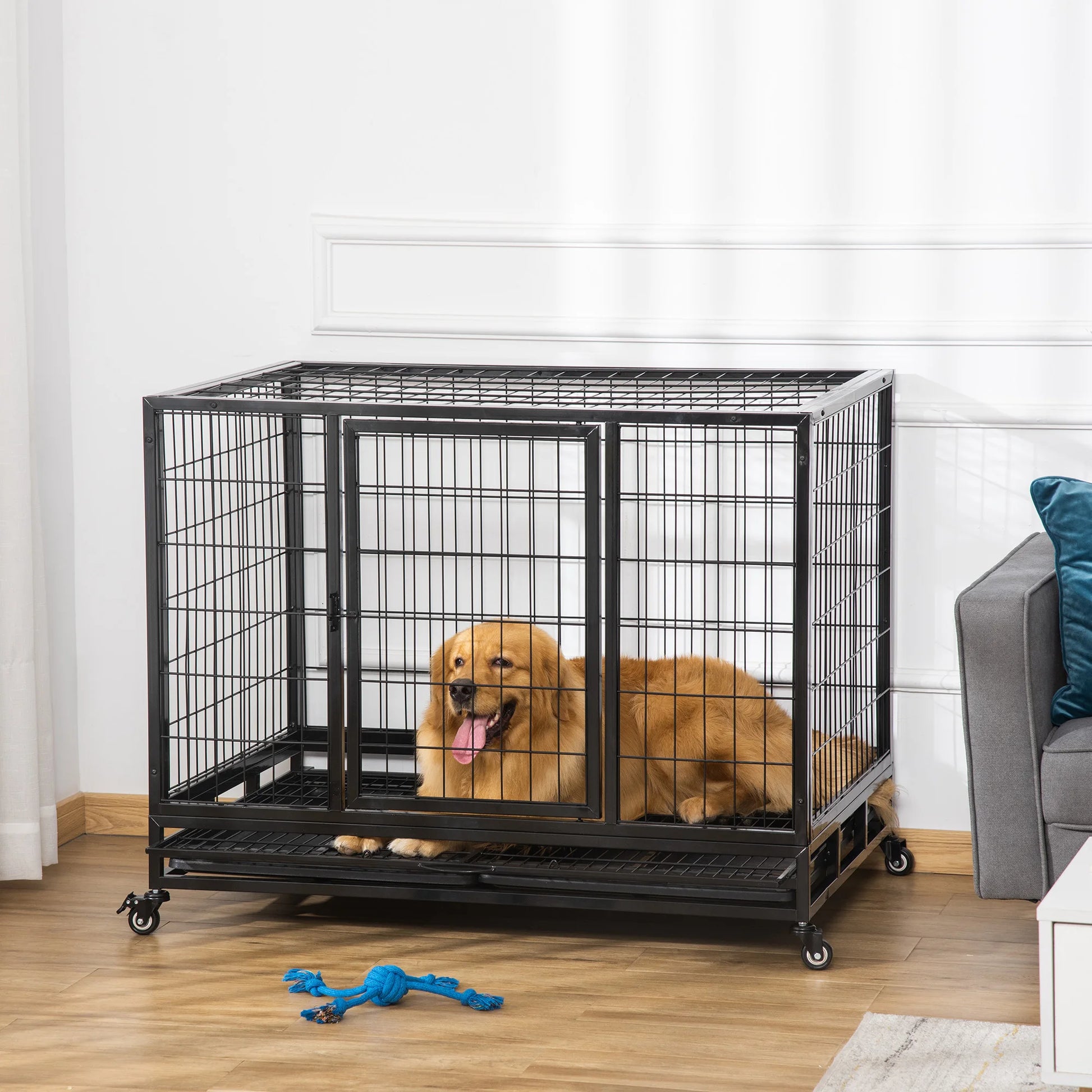 Hondenbench – Metalen Bench – Hondenkooi – Hondenhok – Robuust Gepoedercoat Staal – Max 50 Kg – Met Wieltjes - 92 x 62 x 75cm - Zwart - QUORE