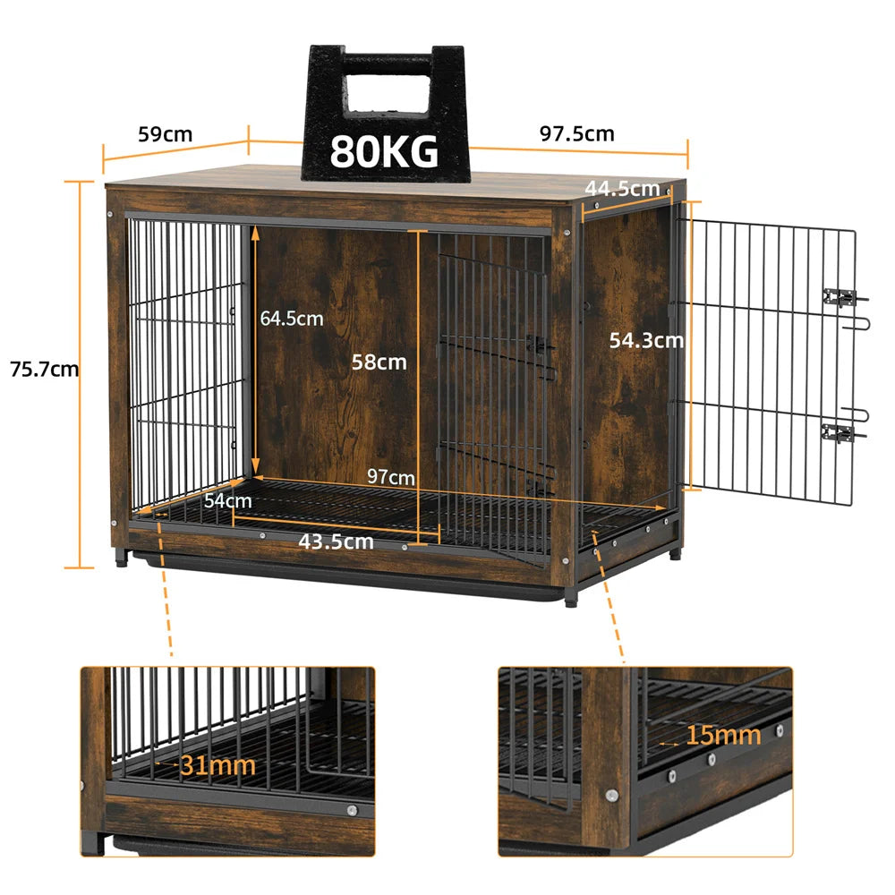Houten Hondenbench - Hondenkennel Hout - Binnenbench - Dubbele Deur - Hondenhuis - Bijzettafel - Industrieel - 3-in-1 Ontwerp - Grote