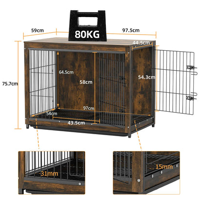 Houten Hondenbench - Hondenkennel Hout - Binnenbench - Dubbele Deur - Hondenhuis - Bijzettafel - Industrieel - 3-in-1 Ontwerp - Grote
