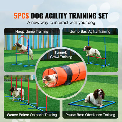Hondentrainingsset - Honden Agility Set - Behendigheids training voor de hond - Slalom - Horde - Hondentunnel - Tunnel - Beloningszakje - 5 Delig - Obstacle Parcours met Draagtas – Upgraded Set - QUORE