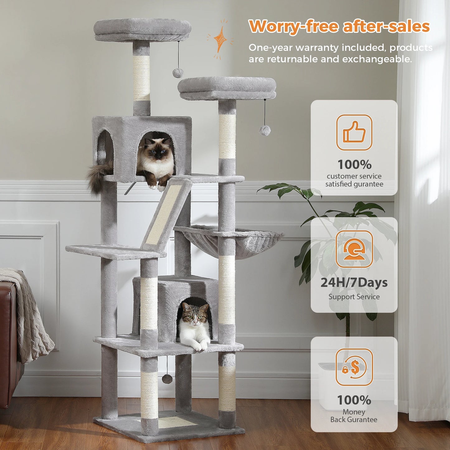 Kattenboom - Kitten Krabpaal - Sisal Krabpalen - Krabpaal - Katten Klimmuur - Krabplanken - Arbre a Chat - Hangmat & Speeltjes - Meerdere Verdiepingen - met Pluche Kattenhuisjes - 180cm - Zwart - QUORE