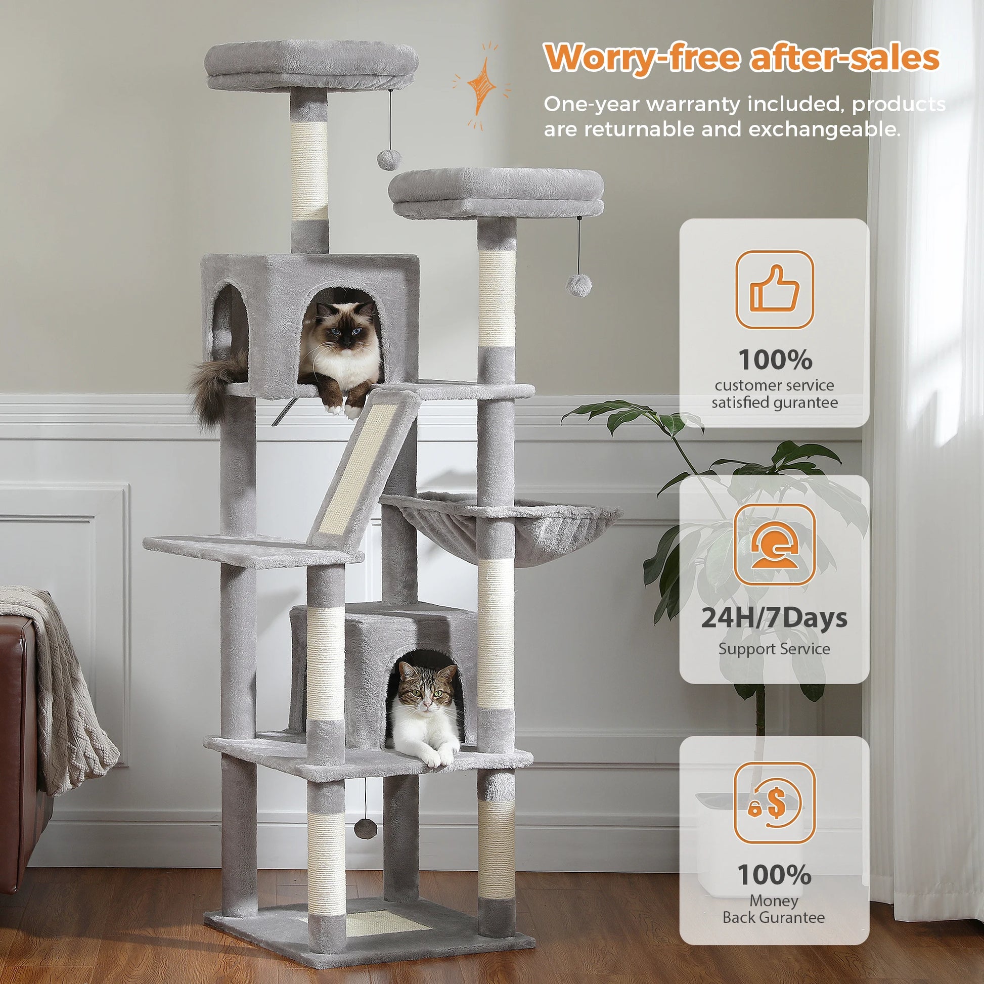 Kattenboom - Kitten Krabpaal - Sisal Krabpalen - Krabpaal - Katten Klimmuur - Krabplanken - Arbre a Chat - Hangmat & Speeltjes - Meerdere Verdiepingen - met Pluche Kattenhuisjes - 180cm - Zwart - QUORE