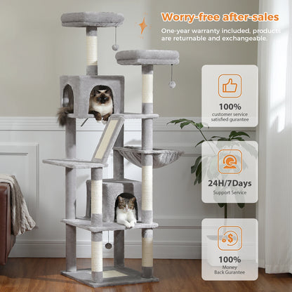 Kattenboom - Kitten Krabpaal - Sisal Krabpalen - Krabpaal - Katten Klimmuur - Krabplanken - Arbre a Chat - Hangmat & Speeltjes - Meerdere Verdiepingen - met Pluche Kattenhuisjes - 180cm - Zwart - QUORE