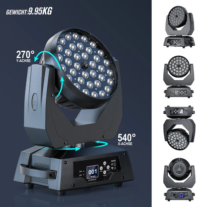 Moving Head Licht – Beam Licht – Wash Licht – Zoom Licht – Bewegend Hoofd – 36x18W LED – Intuïtief LCD Touchscreen – DMX512 Compatibel – EU Plug