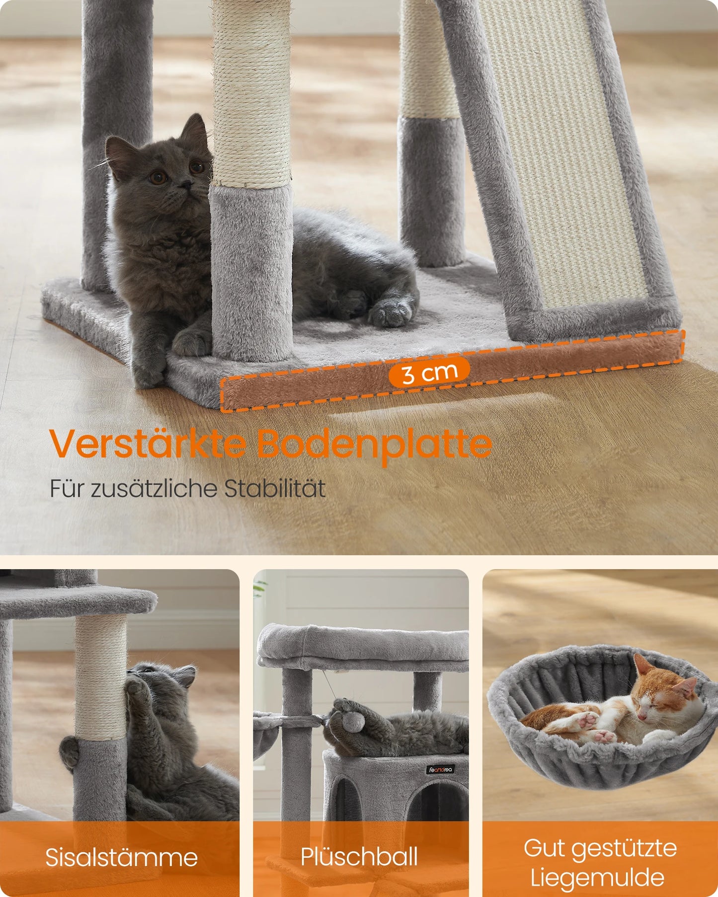 Krabpaal - Kattenboom - met Grote Observatieplatform - 96 cm - Krabplank - en Ramp - Stabiel - Arbre a Chat - Geschikt voor Kittens - en Volwassen Katten - Pluche - Sisal Beklede Kolommen - Lichtgrijs