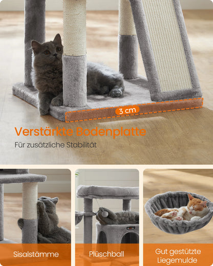 Krabpaal - Kattenboom - met Grote Observatieplatform - 96 cm - Krabplank - en Ramp - Stabiel - Arbre a Chat - Geschikt voor Kittens - en Volwassen Katten - Pluche - Sisal Beklede Kolommen - Lichtgrijs