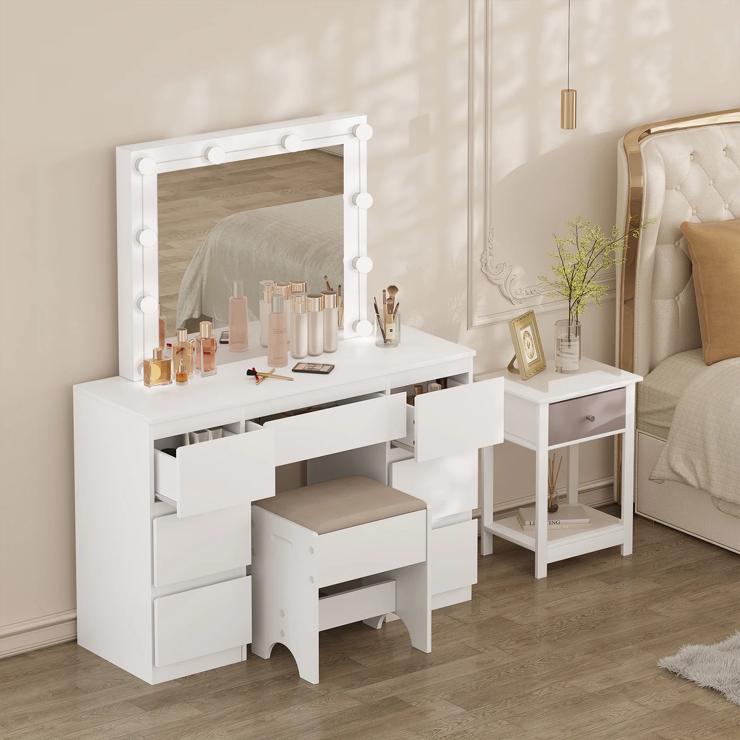 Kaptafel – Make-Up Tafel – Beautytafel – Schminktisch – LED-Verlichting – 7 Laden – Waterafstotend Hout - Wit - QUORE