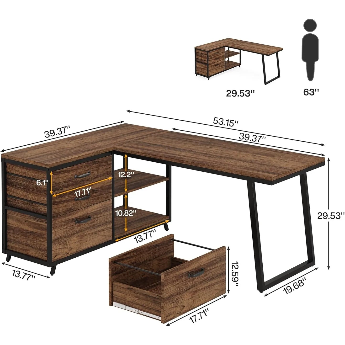 L-Vormig Bureau – Hoekbureau – Werkplek Bureau – Computertafel – Opbergbureau – Stevig Metaal Frame – Verstelbare Pootjes - Bruin 01