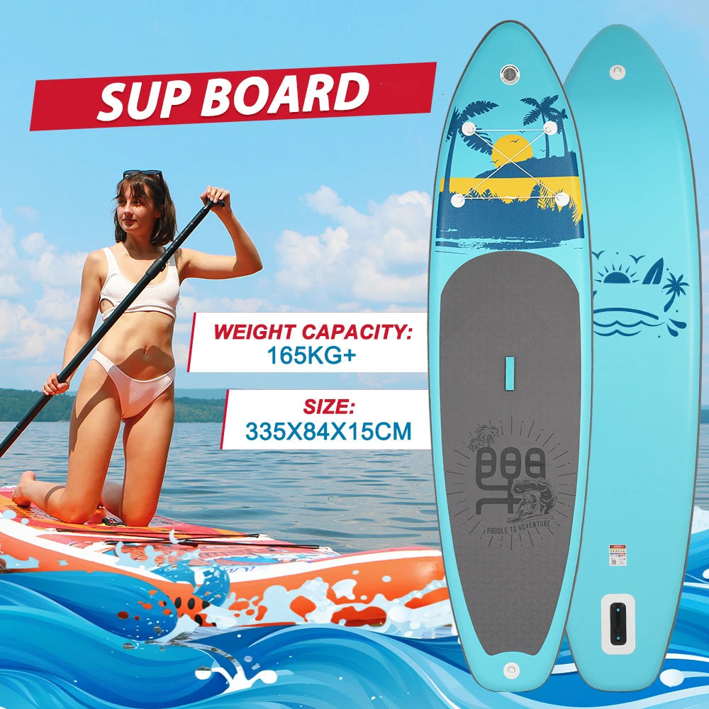 Supboard - Paddle Board - Peddelplank - Surfplank - Opblaasbaar - Inc. Peddel - Vin - Leash - Riem - Handpomp - Rugzak - 335 x 84 x 15 cm - Turkoois & Grijs