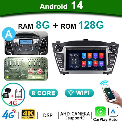 7" Android Autoradio – Multimedia Speler – 2 DIN Navigatiesysteem – CarPlay Android Auto – Bluetooth Draadloos – Geschikt voor Hyundai IX35 Tucson 2009-2015 – Snelle Android 14 – 1024x600 Scherm