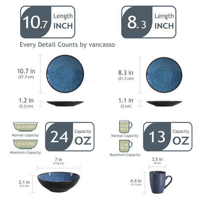 Servies - Servies set - 48 Stuk - Vintage Keramische - Met Diner/Dessertbord - Kom - Koffie Cups - Blauw Steengoed