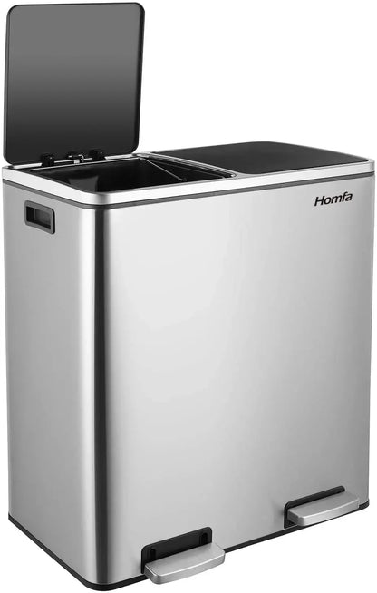 Prullenbak - Prullenbak 60L - Prullenbakken - Prullenmand - RVS - Prullenbak met Voetpedaal - Handsfree, Dubbel Compartiment & Soft-Close Deksel - Wit - QUORE