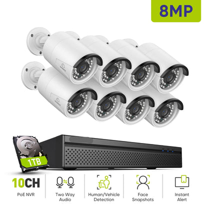 Beveiligingscamerasysteem - Camerabewaking - Beveiligingscamera - 4K Ultra HD - POE Camera Set - 8MP IP Camera's - Nachtzicht 30m - Slimme Bewegingsdetectie - Buiten & Binnen - 1TB
