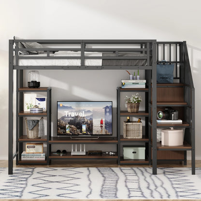 Multifunctionele Kinderhoogslaper – Stapelbed – Halfhoogslaper – Kinderbed – Hoogslaper Met Opbergruimte – Variant 140x200 cm Zonder Matras – Ingebouwde TV-standaard – Stroomvoorziening Met Veiligheidsladder
