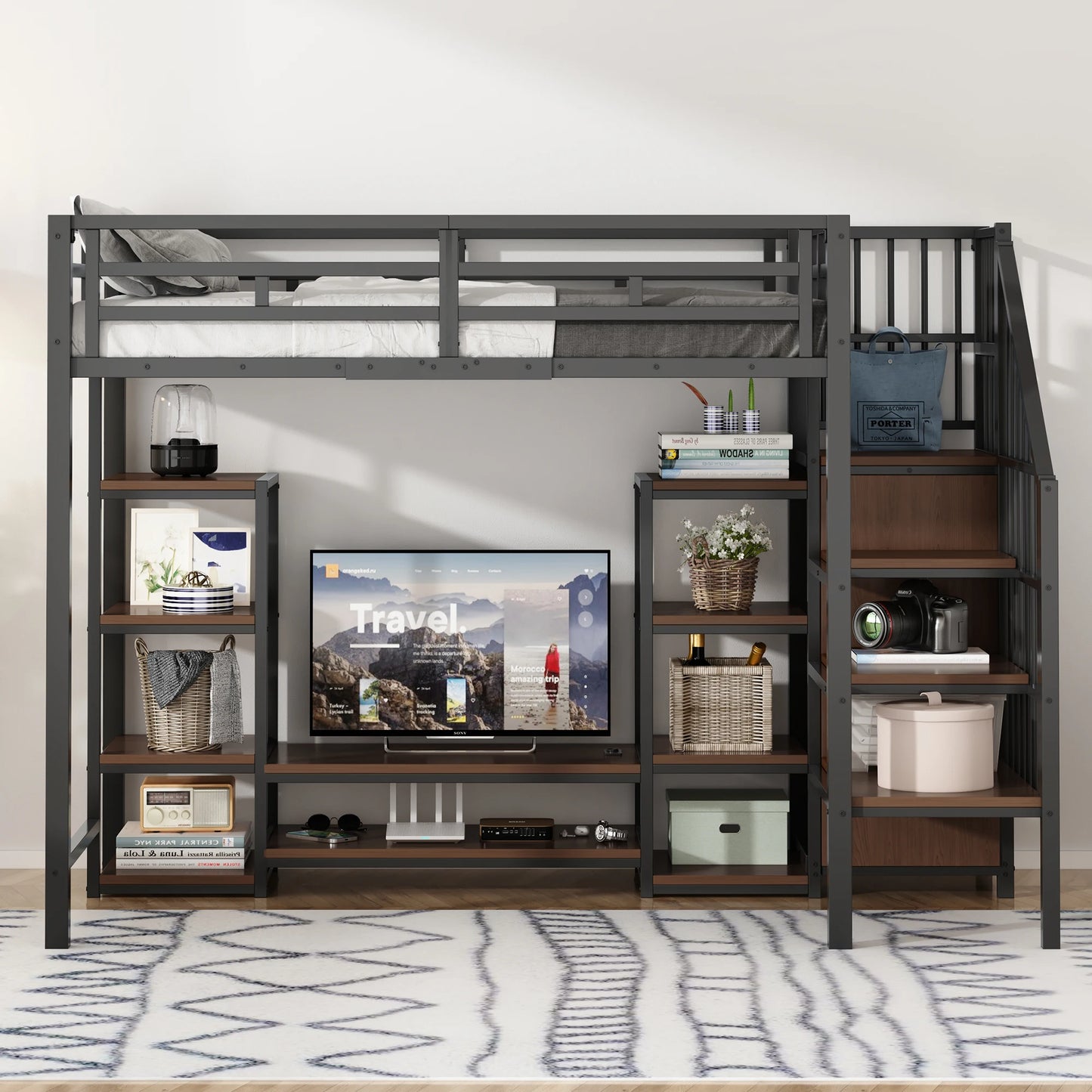 Kinder-Hoogslaper – Stapelbed – Halfhoogslaper – Kinderbed – Hoogslaper – 90x200 CM Zonder Matras – Met Tv-Standaard – Ingebouwde Stopcontacten