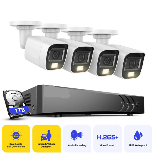 Beveiligingscamera's - Camerabewaking - CCTV Camerasysteem - Waterdichte - 5MP Resolutie - 8-Kanaals DVR & Dual-Light Technologie - Kleur Nachtzicht & Audio - 4 Stuks Bullet Camera’s -Geïntegreerde HDD van 1TB