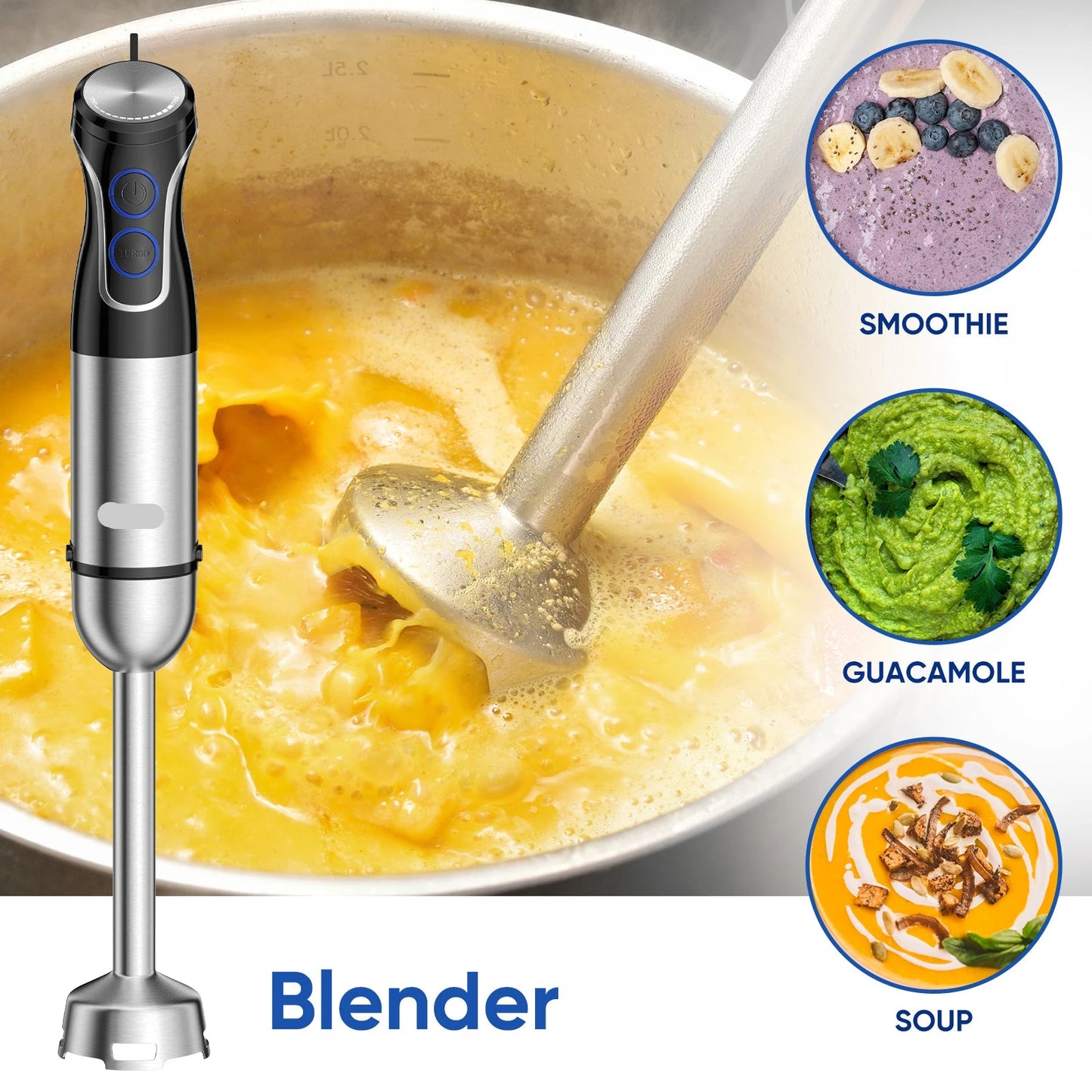 Staafmixer - 1500W - Handblender - Blender - 5-in-1 Functionaliteit - RVS Messen - Traploze Snelheid - Inclusief Hakmolen - RVS 4-blads Messen - Foodprocessor - QUORE