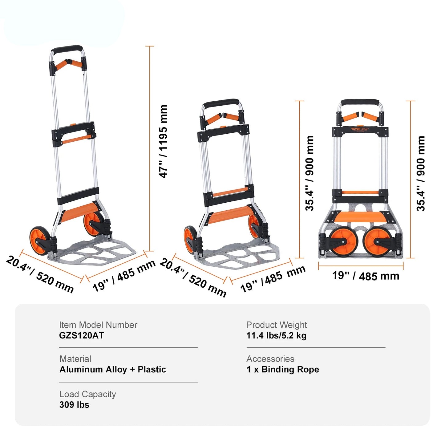 Opvouwbare Steekwagen – Transportkar met een Draagvermogen van 140 kg, Gemaakt van Aluminiumlegering en Kunststof – Stapelbare Trolley met Verstelbare Handgreep (900–1109 mm) – Inklapbare Trolley met Trekkoord – Compact Formaat voor Gemakkelijke Opslag - QUORE