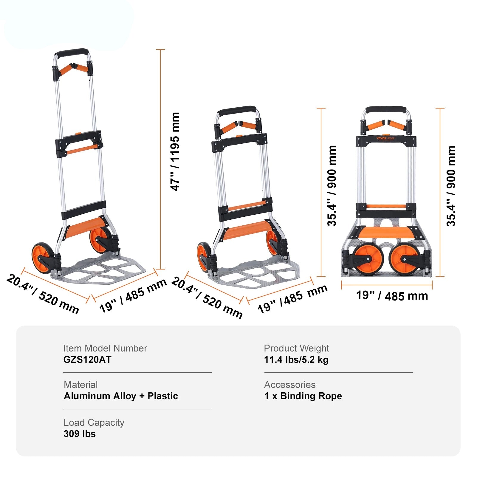 Opvouwbare Steekwagen – Transportkar met een Draagvermogen van 140 kg, Gemaakt van Aluminiumlegering en Kunststof – Stapelbare Trolley met Verstelbare Handgreep (900–1109 mm) – Inklapbare Trolley met Trekkoord – Compact Formaat voor Gemakkelijke Opslag - QUORE
