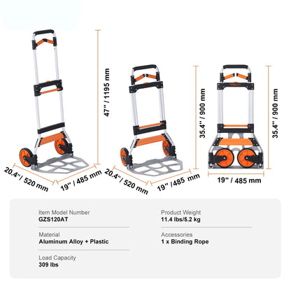 Opvouwbare Steekwagen – Transportkar met een Draagvermogen van 140 kg, Gemaakt van Aluminiumlegering en Kunststof – Stapelbare Trolley met Verstelbare Handgreep (900–1109 mm) – Inklapbare Trolley met Trekkoord – Compact Formaat voor Gemakkelijke Opslag - QUORE