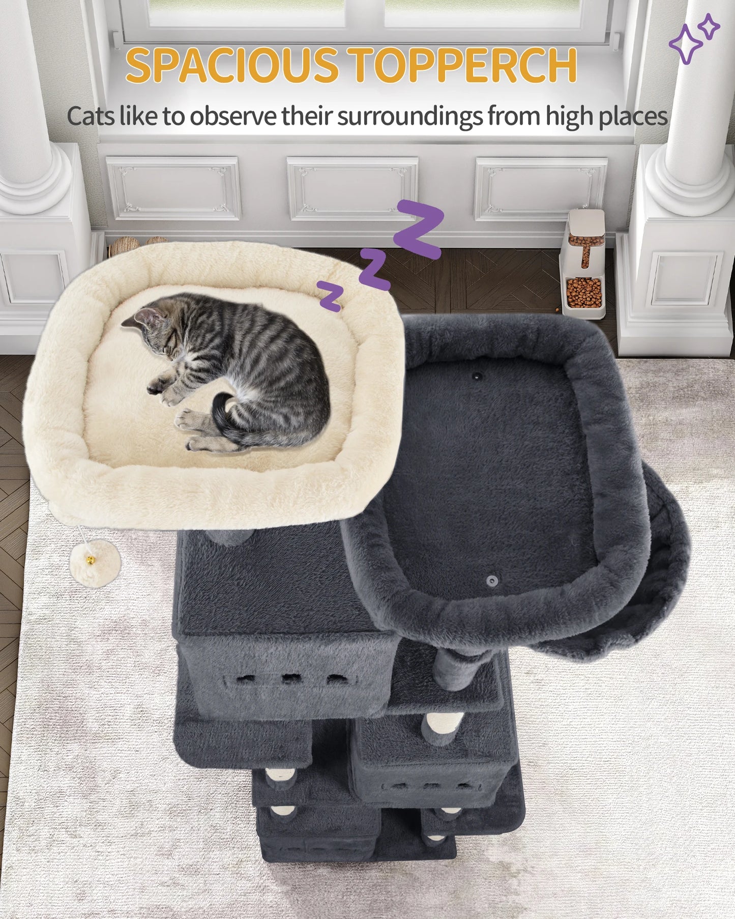 193cm Large Cat Tree, XXL Cat Climbing Frame, 7-Tier Cat Tree with 7 Scratching Posts, 3 Caves, 3 Pom Poms, and 2 Platforms