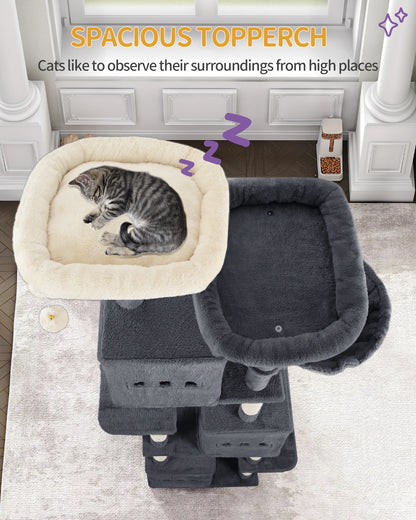 193cm Large Cat Tree, XXL Cat Climbing Frame, 7-Tier Cat Tree with 7 Scratching Posts, 3 Caves, 3 Pom Poms, and 2 Platforms
