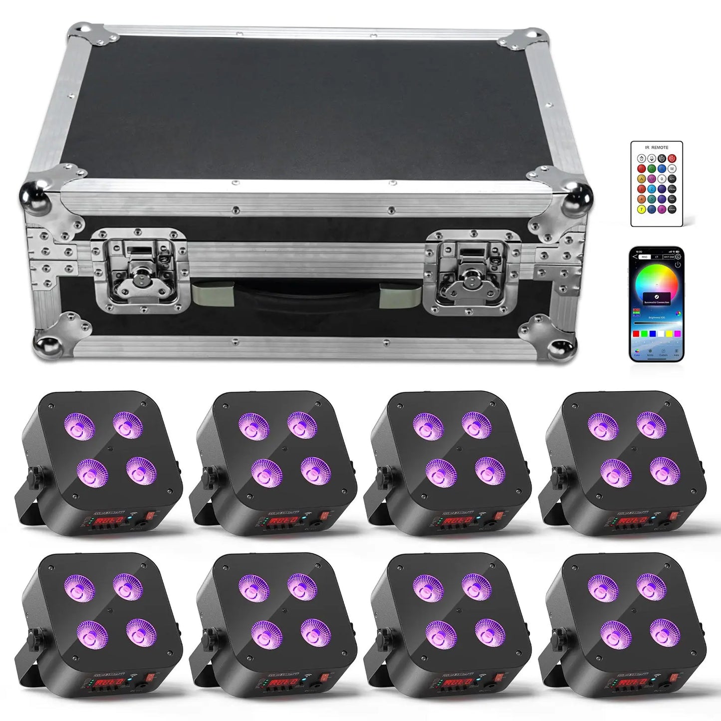 Mini LED PAR Lampen Set – Draadloze LED Stage Verlichting – Oplaadbare DJ Lampen – RGBWA UV Licht – 8 Stuks Met Flightcase – 10 Uur Batterijduur – Compact En Robuust Design