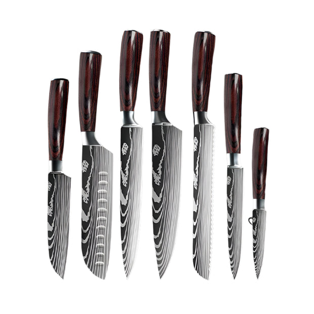 Keukenmessen - Knife set - Chef Knife - Knives - Kitchen Knife - Scherp 7CR17 Roestvrij Staal - Laser Damascus Patroon Keukenmessen - Santoku Vleesmes - 7 stuks