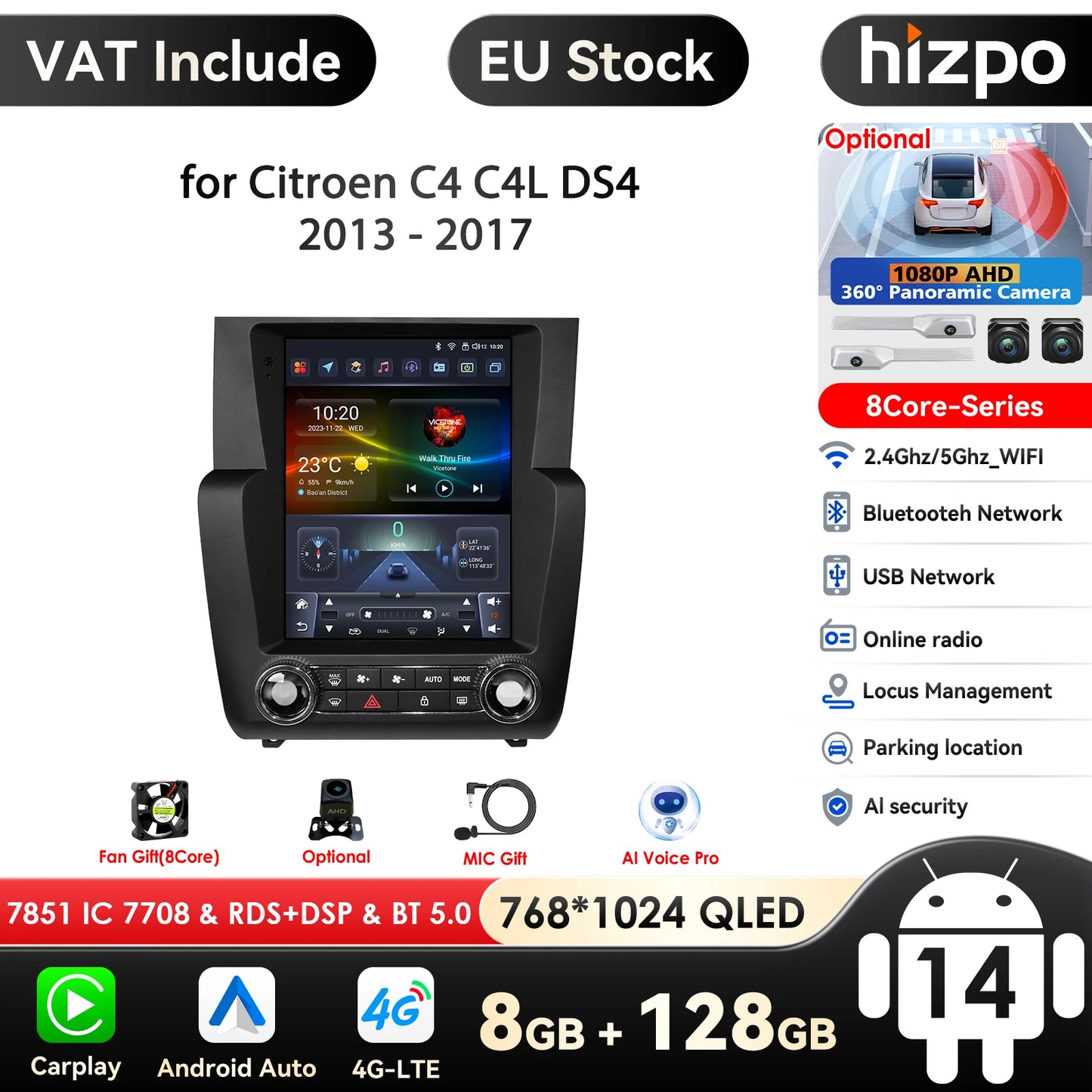2Din Android Autoradio – Multimedia Speler – Navigatie Systeem – Auto Radio – Touchscreen Stereo – 9,7 Inch QLED Scherm – Ingebouwde 4G & Draadloos CarPlay – Geschikt Voor Citroën C4 C4L DS4 (2013-2017)