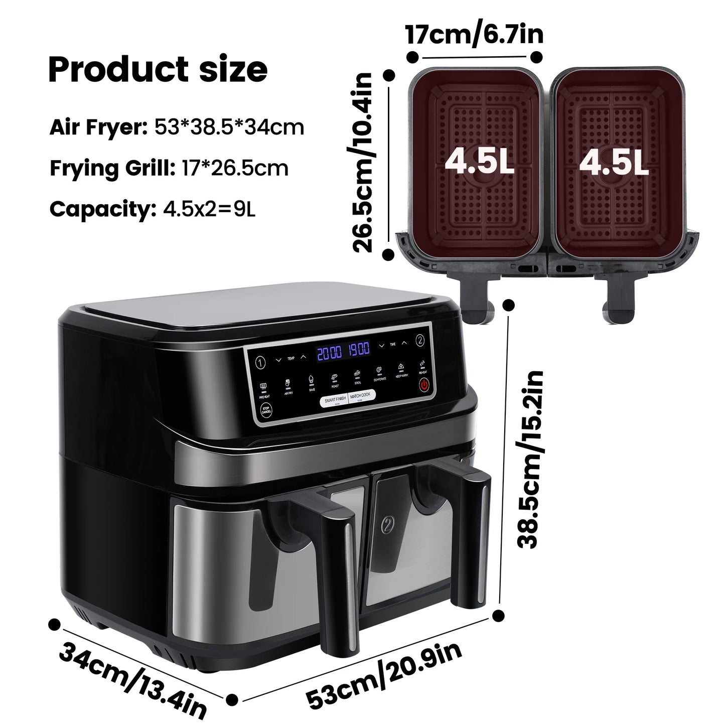 Digitale Airfryer - PFAS vrij - Groot 9 Liter - Heteluchtfriteuse - Zwart - Digital screen - 8 Voorinstellingen - Inclusief in hoogte verstelbaar Grillrack - 2 onafhankelijke 4,5L lades - met LED-touchscreen