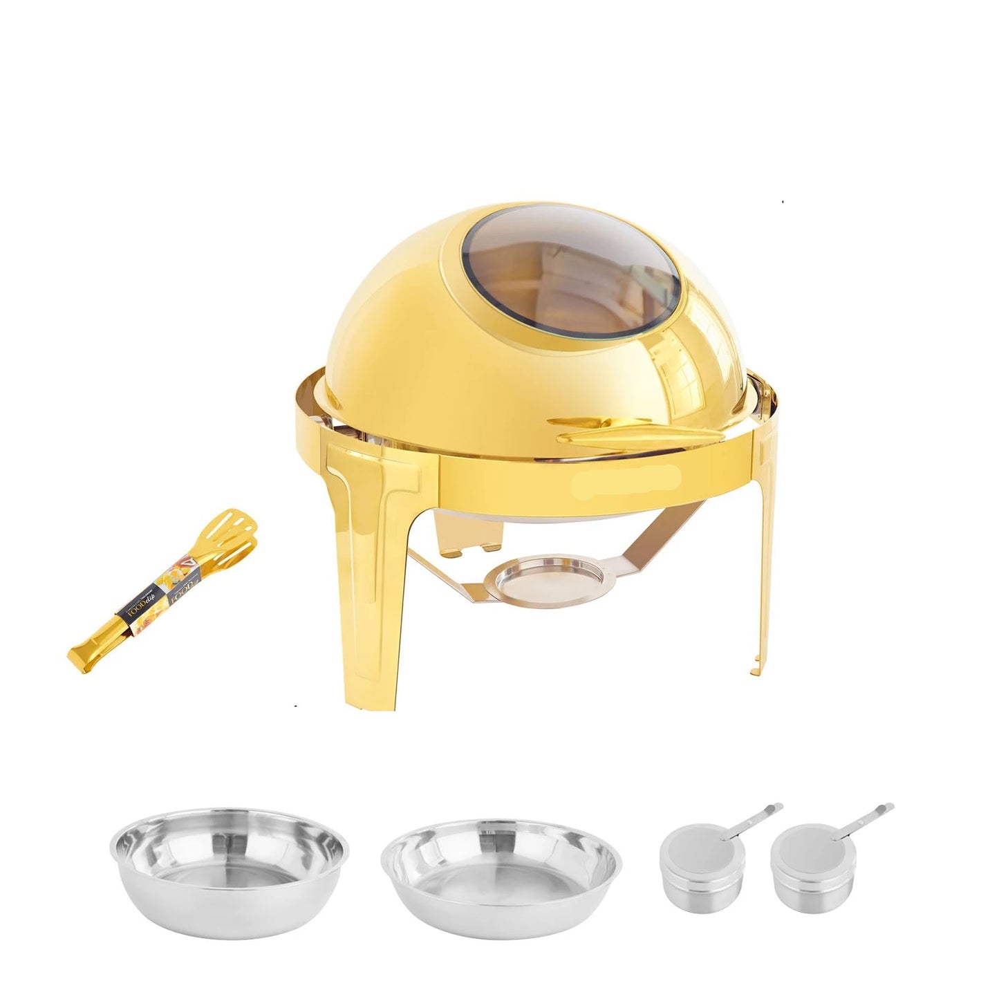 Chafing Dish - Warmhoudplaat - Buffetwarmer - Warmhoudbakken - 6QT - Roestvrijstalen Buffet Set - Rond Ontwerp – Dik Frame – Geschikt voor Catering, Feesten & Bruiloften - Goud