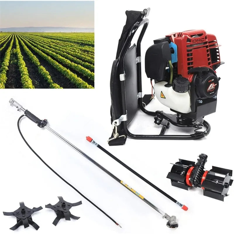 Benzine Grastrimmer - Grasmaaier - Bosmaaier - Kantenmaaier - Tuingereedschap - 35.4CC - 4-Takt 1KW, 4500-8500RPM – Rugzakmodel in Zwart/Rood