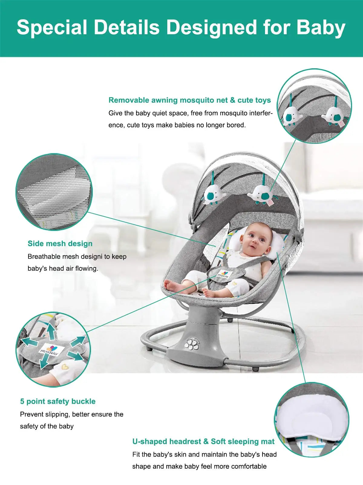 Babywieg - Elektrische Wipstoel - Babybedje - Wipstoel  - Elektrische Schommelstoel  - Babyschommel- Baby Swing - Kinderstoel - voor Pasgeborenen – Op Afstand Bestuurbaar - Bluetooth Muziek - Comfortabele Zachte Schommelstoel voor Baby’s - Grijs - QUORE