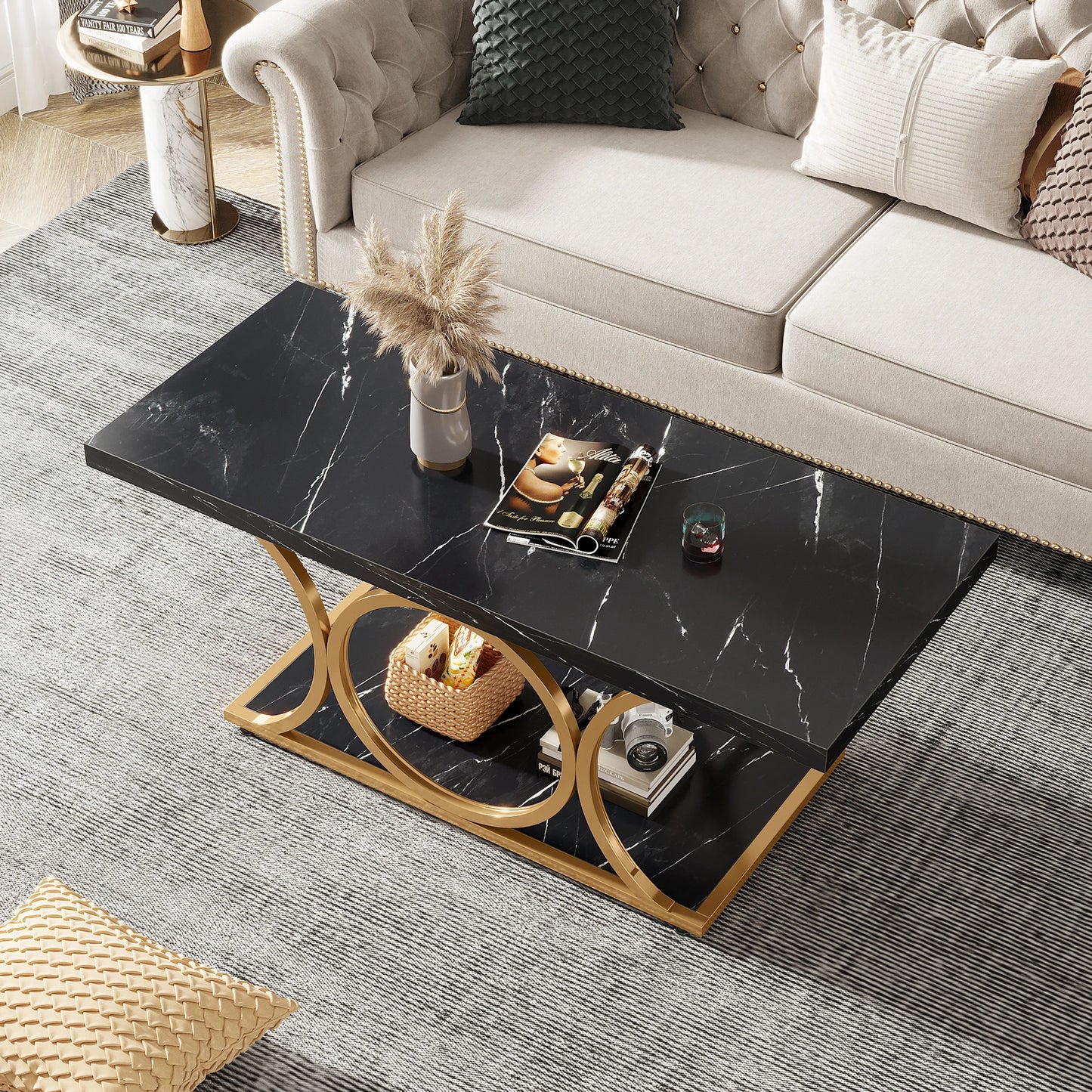 Salontafel – Woonkamertafel – Tafel – 2-laags – Marmeren Look – Gouden Metalen Frame – Krasbestendig Melamine