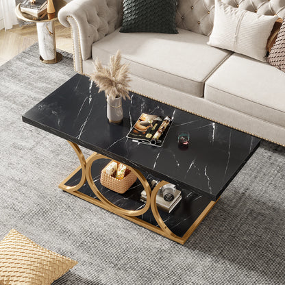 Salontafel – Woonkamertafel – Tafel – 2-laags – Marmeren Look – Gouden Metalen Frame – Krasbestendig Melamine