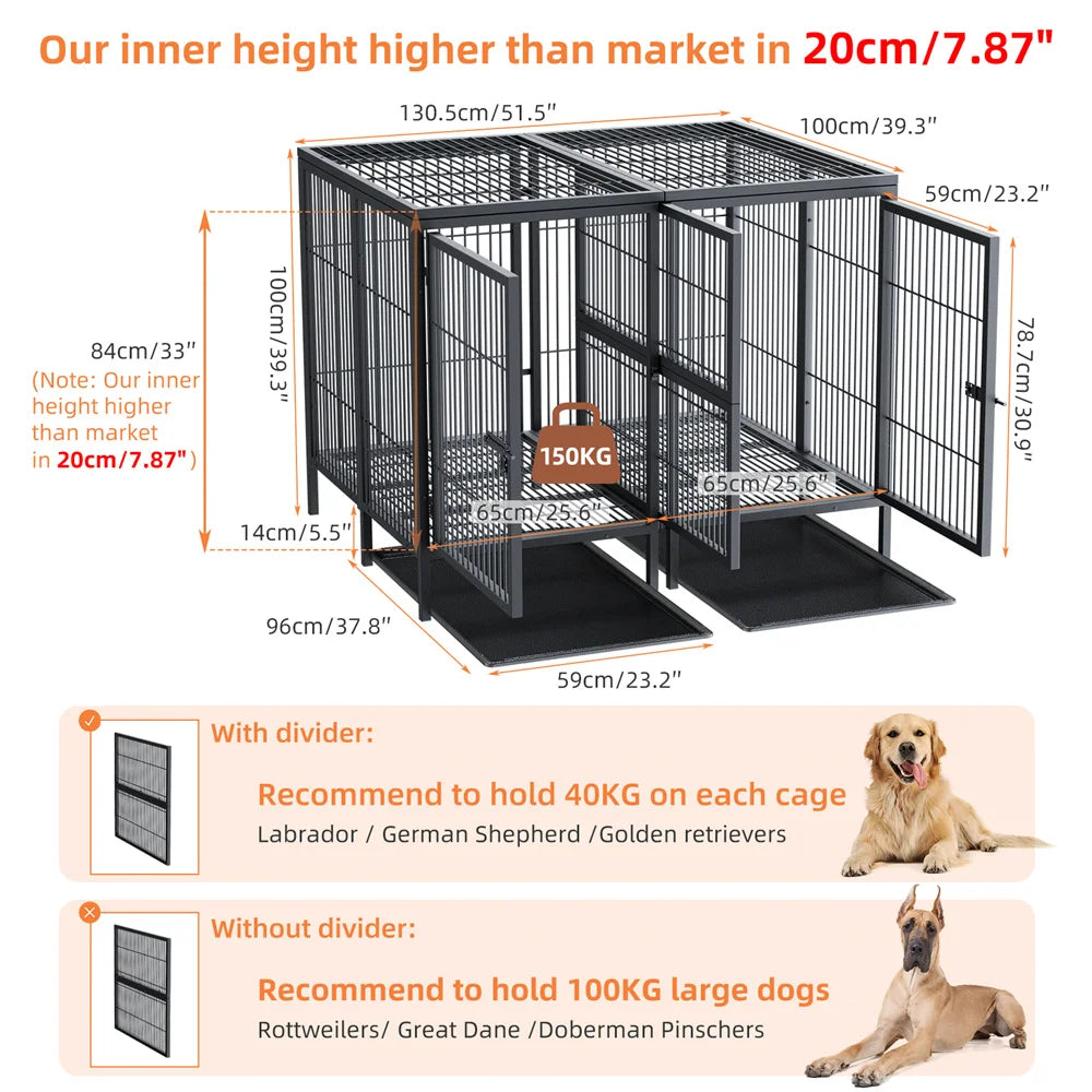Hondenbench – Hondenkooi – Hondenren – Dierenbench – Metalen Bench – Verstelbare Indeling – Roestvrij Stahl - 130.5 x 100 x 100 cm