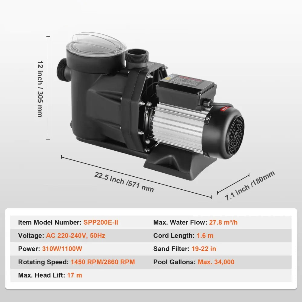 Zwembadpomp - 1 HP - Circulatiepomp voor Zwembad - 4223 GPH Capaciteit - Thermische Beveiliging - Stil en Krachtig - Voor Alle Watertypes - 27800 LH