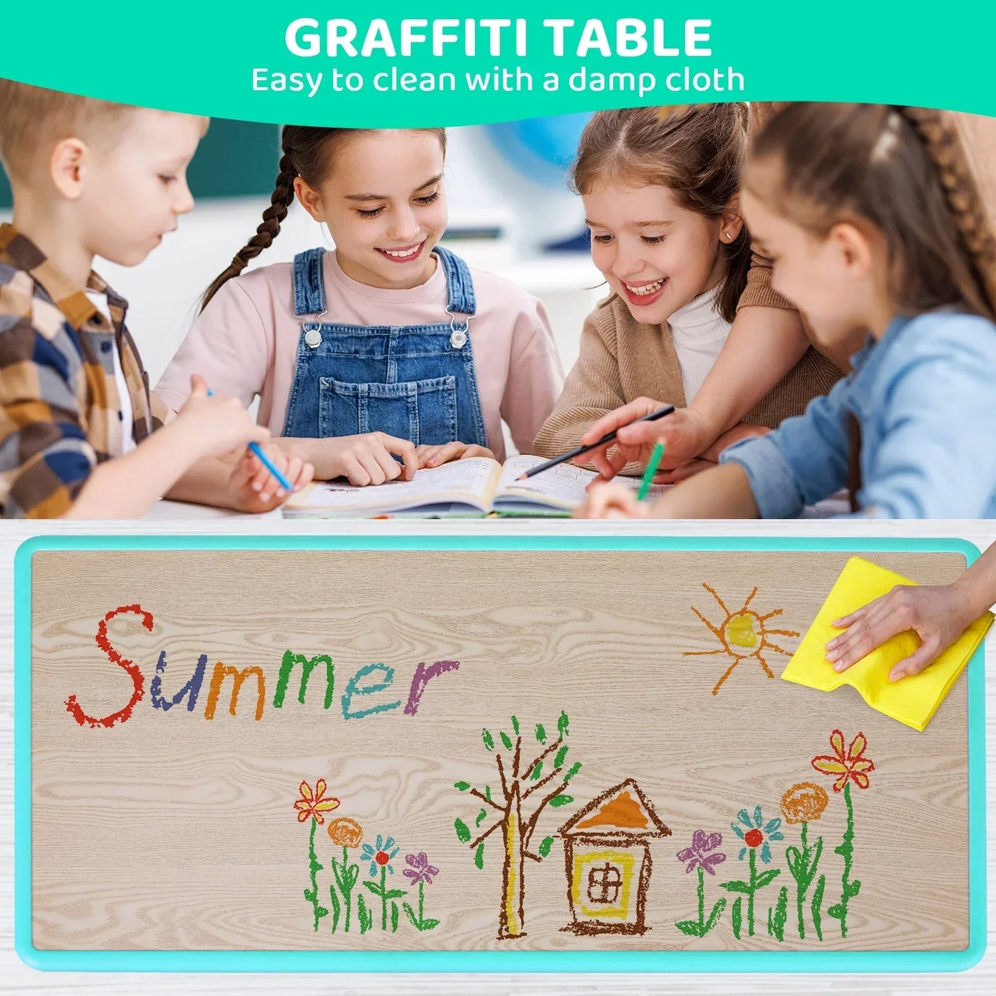 Kinder Tafel – Kindertafel – Speeltafel – Knutseltafel – Verstelbare Stoelenset – Verstelbare Hoogte – Stevige Balkconstructie - QUORE